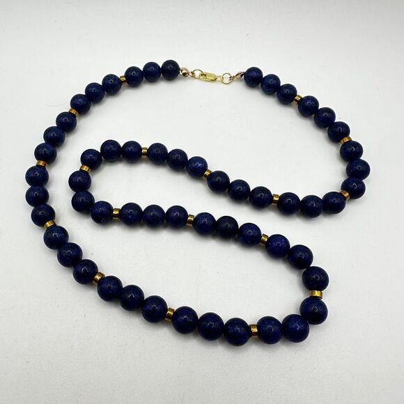 20" Revived 8mm beaded lapis lazuli necklace with gold tone accents, 925 clasp! - Picture 3 of 12